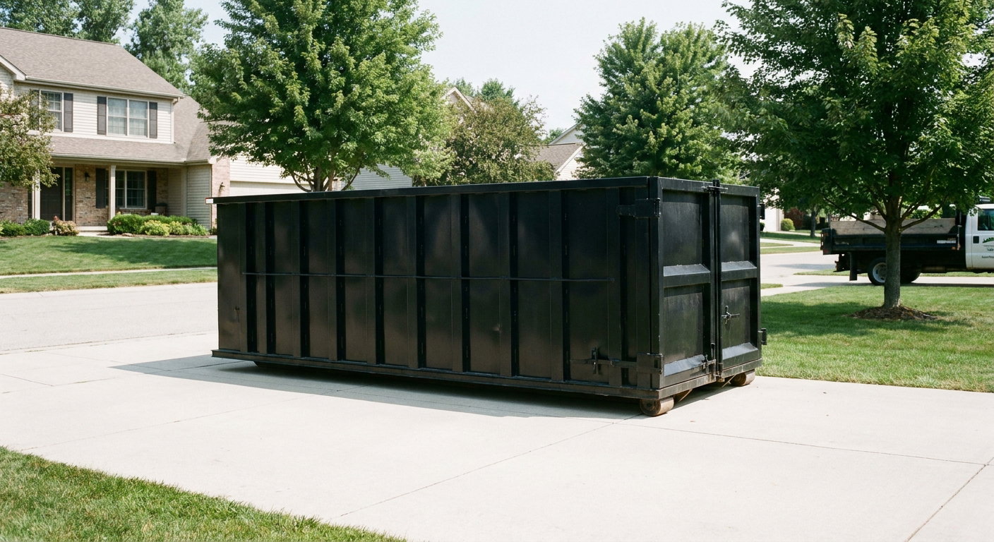 Matte-black 20-yard roll-off dumpster sitting level on a clean Wellington residential concrete driveway under bright daylight, demonstrating clean placement directly on the concrete.