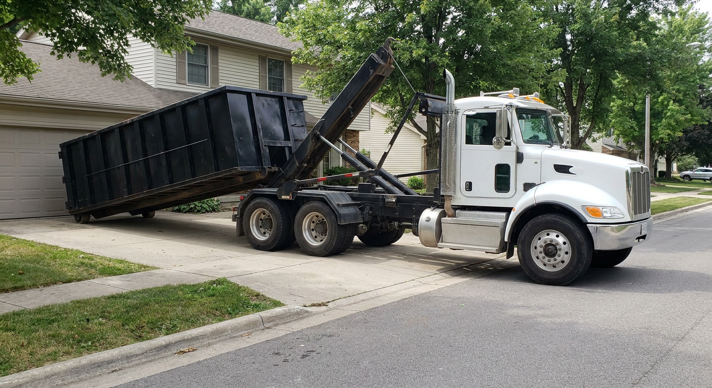 White-cab hooklift roll-off truck actively lowering a matte-black dumpster onto a Wellington residential concrete driveway, the dumpster's rear wheels touching the driveway as the hoist arm tilts the bed forward, mid-morning daylight.