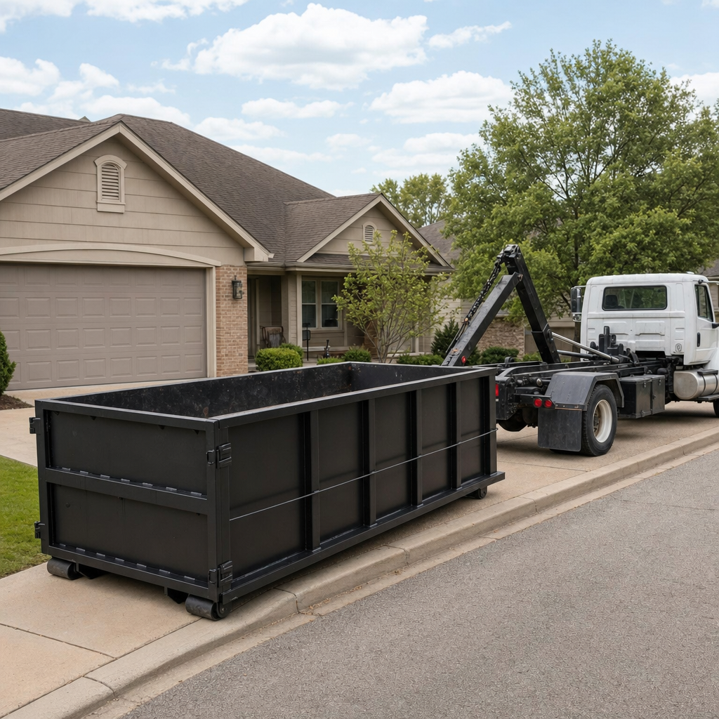 Wide documentary shot of a matte-black roll-off dumpster on a Wellington residential driveway in the foreground and a contractor jobsite container in the soft-focus background, bright daylight, calm and orderly composition.